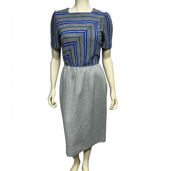 Vintage Leslie Fay Blue Gray Striped Short Sleeve Midi Dress Blouson Stretch - Picture 2 of 14